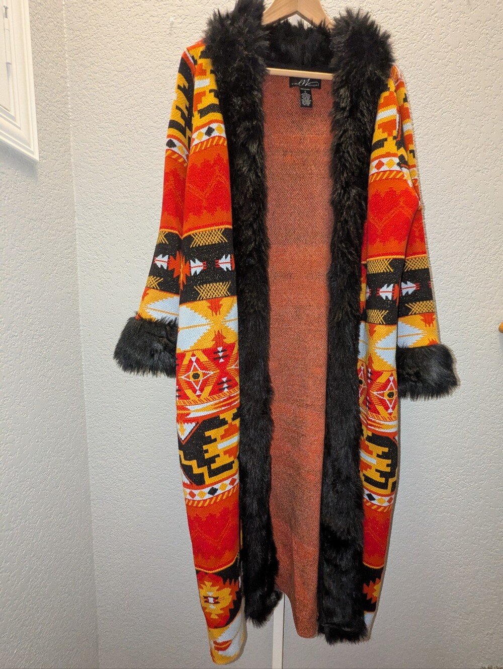 Midnight Velvet Southwestern Blanket Coatigan Duster Faux Fur Western Sz L